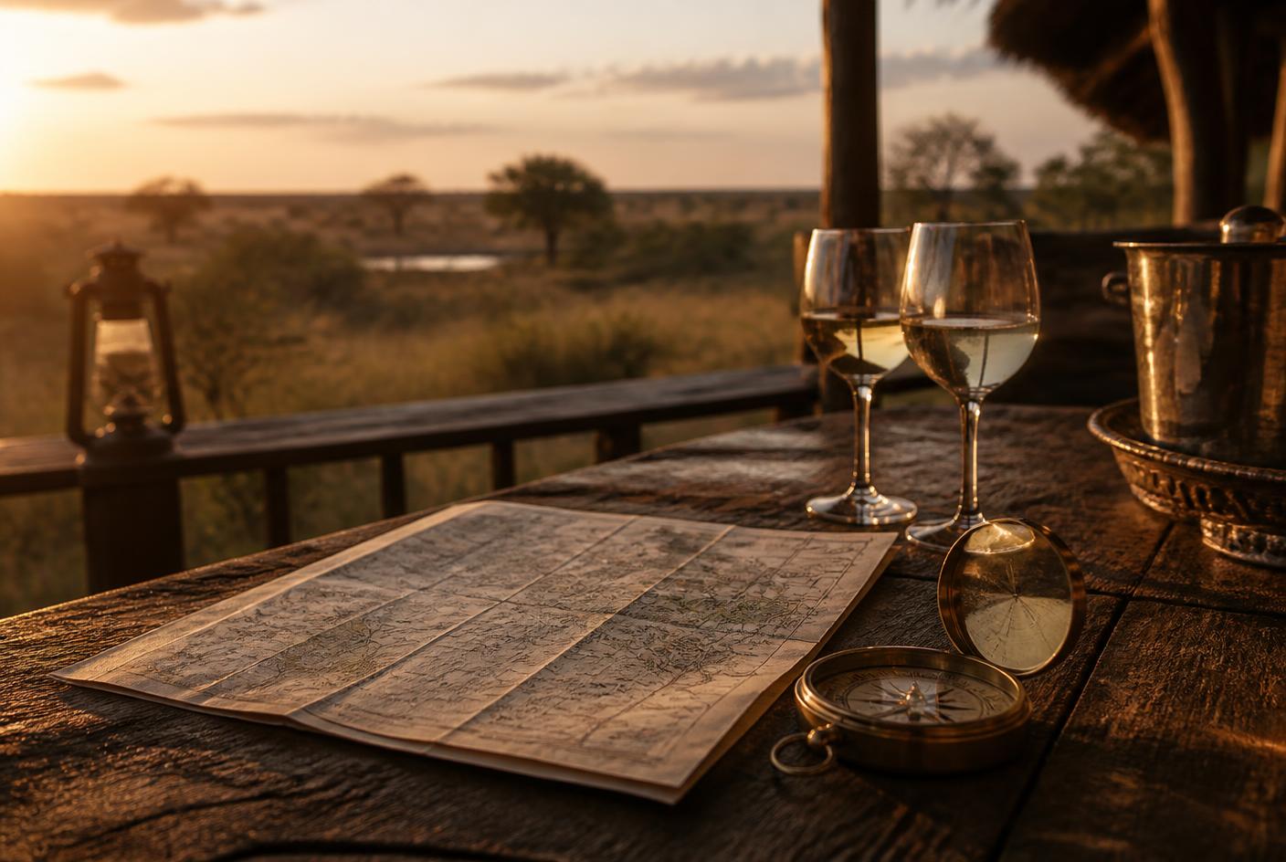 A folded map, brass compass and two glasses on a lodge table at sunset