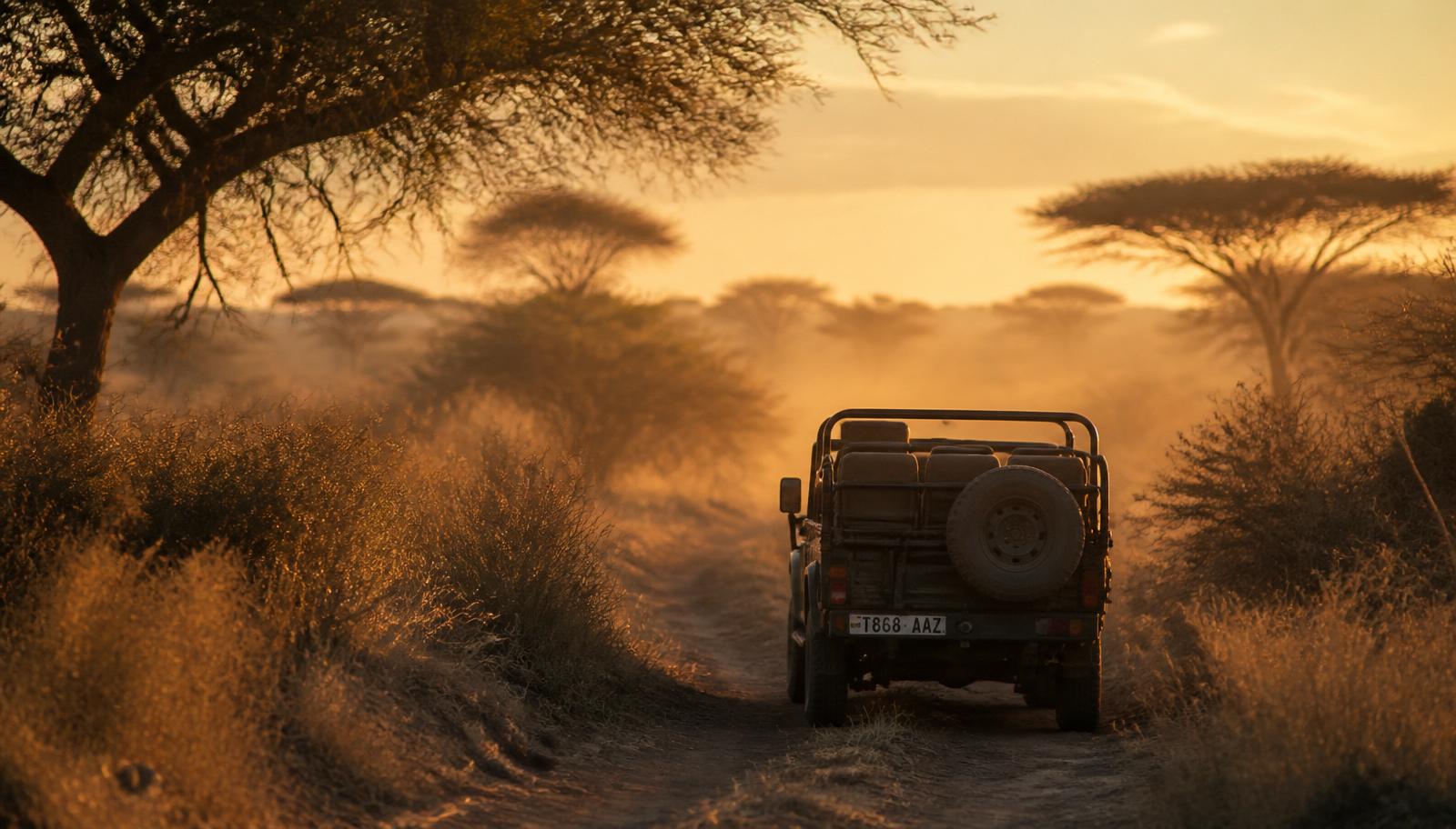 An empty open safari vehicle on a dusty bush track at golden hour