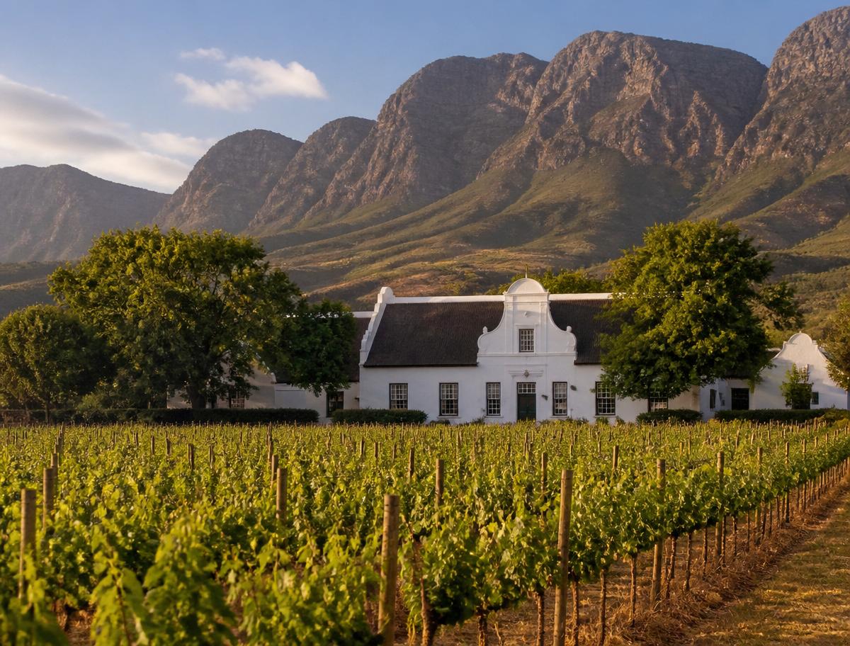 Cape Dutch gables and vines, 45 minutes from the city.