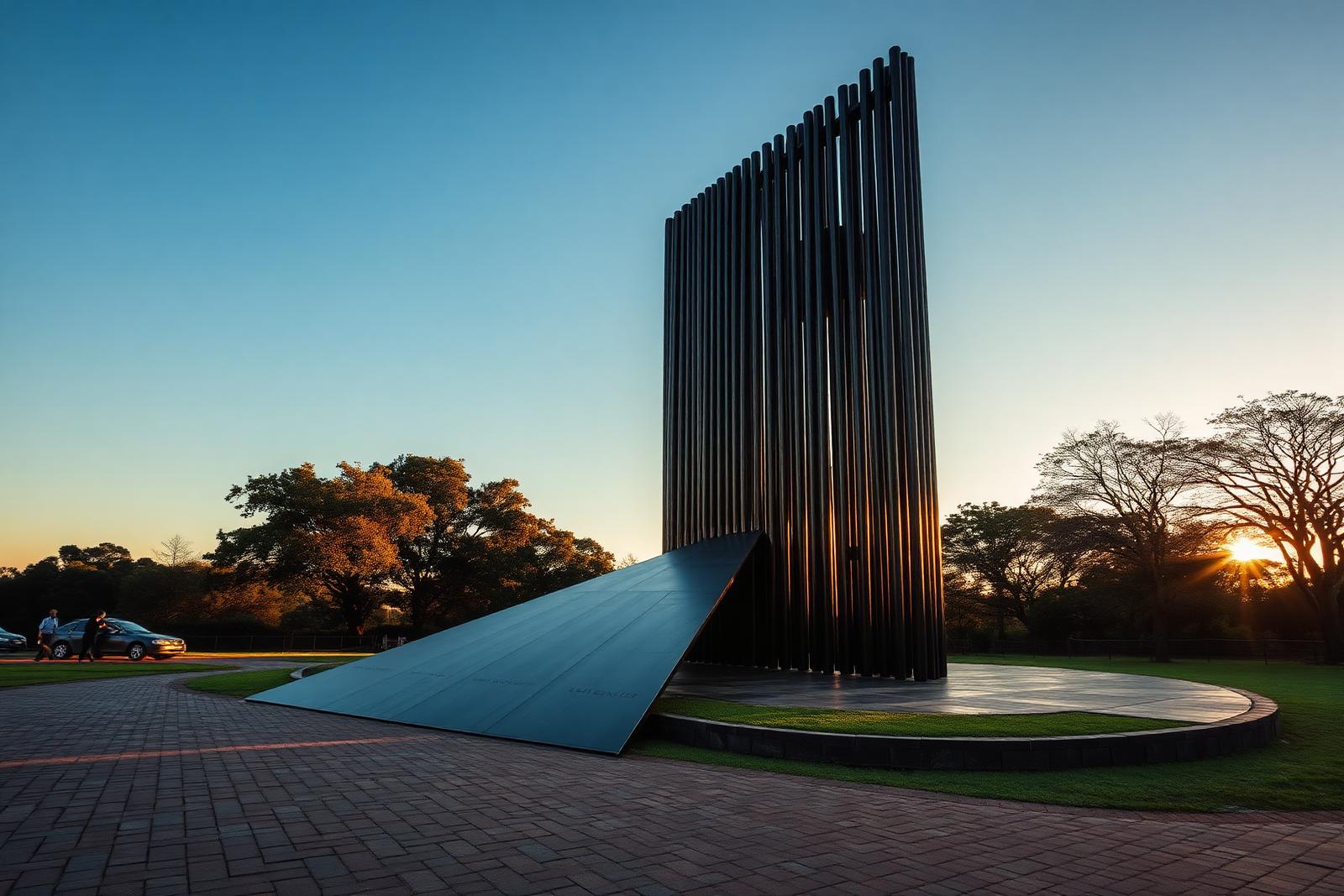 Marco Cianfanelli's 50 steel columns, Howick — Mandela emerges from 35 metres out.
