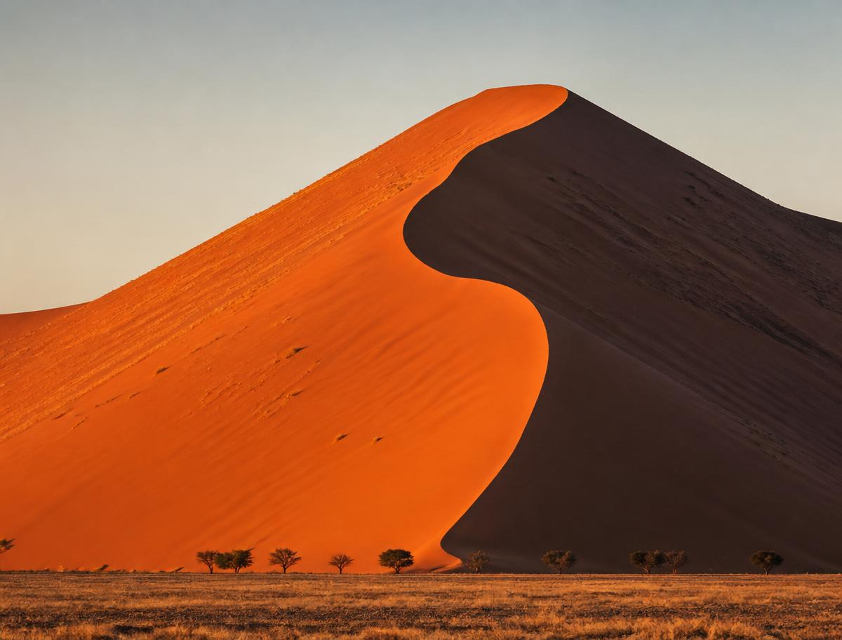 Sossusvlei at sunrise — the ridge line that splits light from shadow.