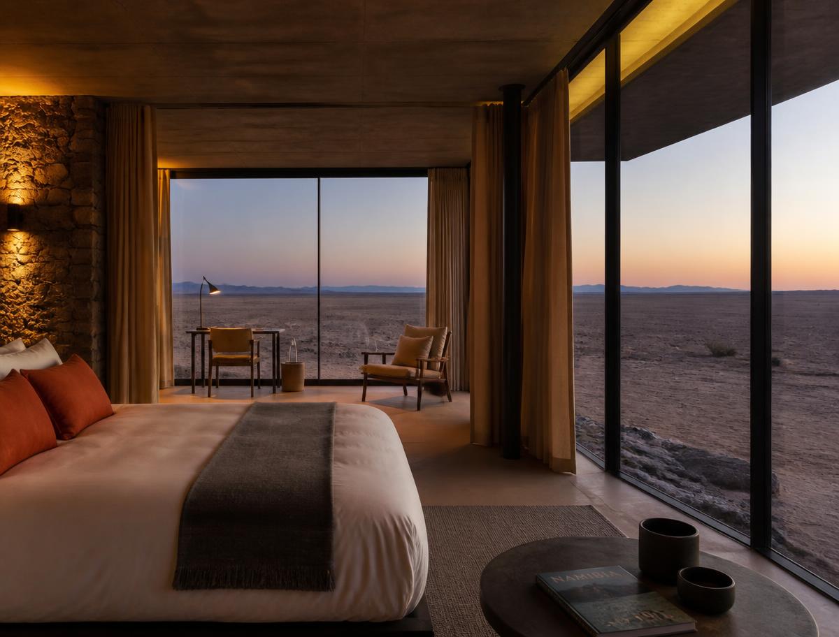 Desert lodge suite — glass walls, nothing outside but Namib.