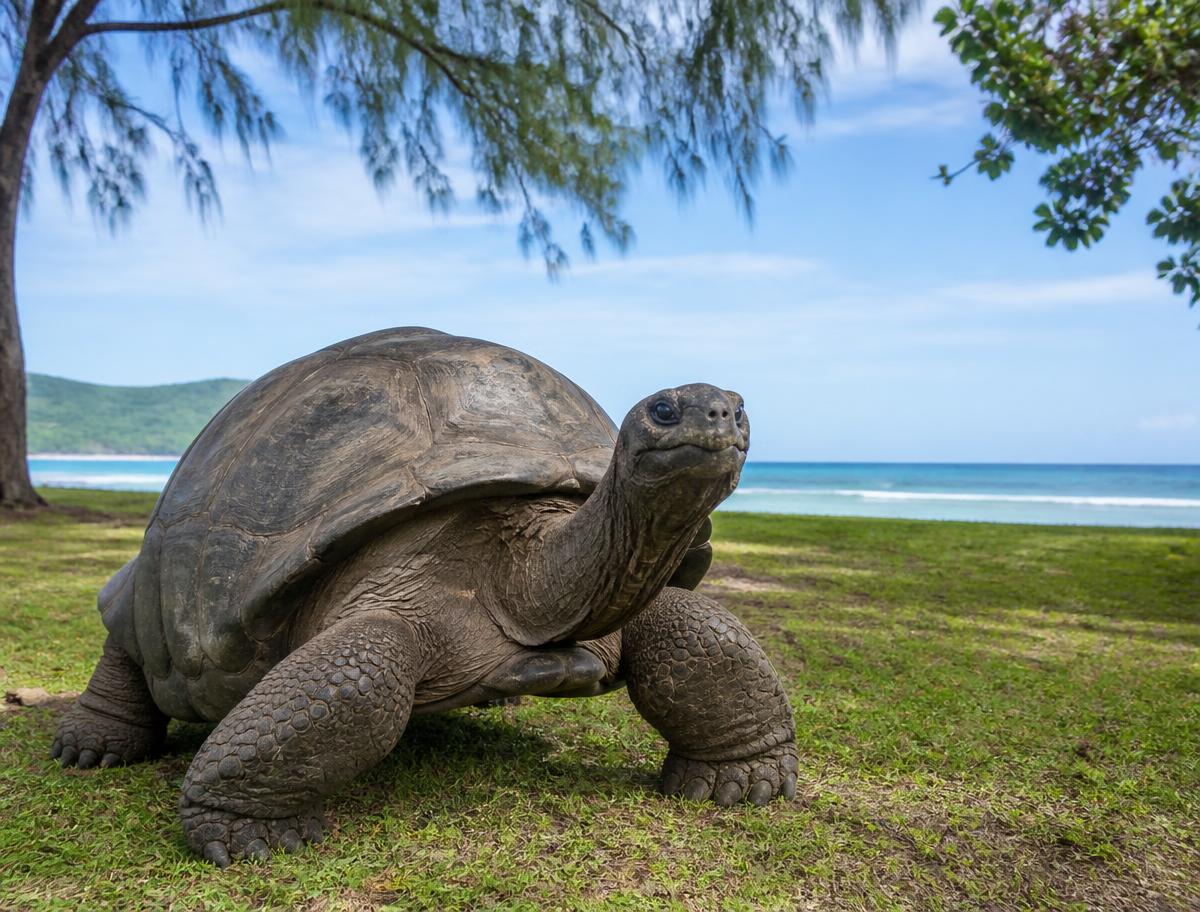Aldabra giant tortoises wander the lawns like they own them.
